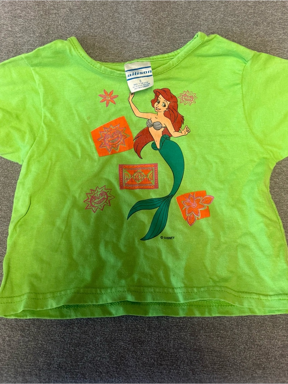 Vintage Disney Little Mermaid Ariel Lime Green Tee Size 6 Made in USA.